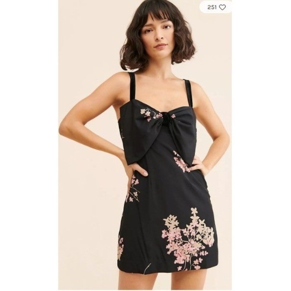 Free People FP Tie A Bow Mini Dress Black Floral Velvet Trim Feminine‎ Sz M NWOT
